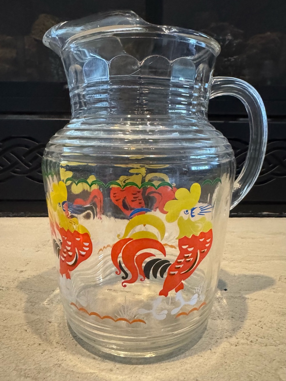 Vintage Clear Glass Pitcher with Bright Roosters - Great Design !